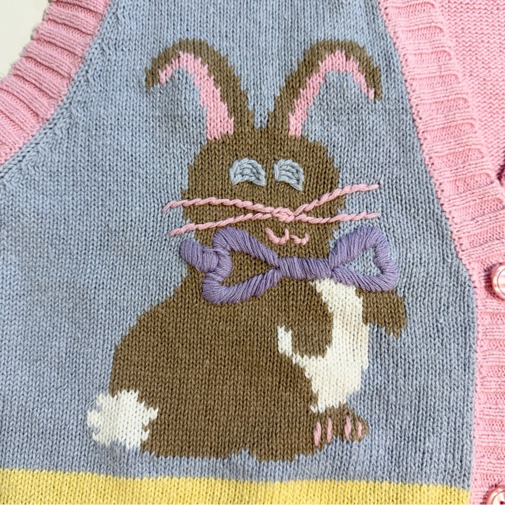 VINTAGE 90s Easter bunny knit sweater cardigan sleeveless vest spring pastel - Picture 4 of 13
